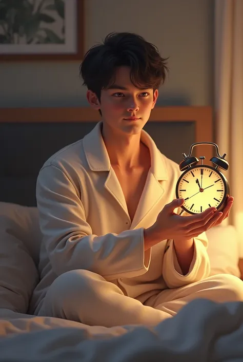 A young man sitted on his bed wearing his sleeping pajamas while carrying a clock on his hand