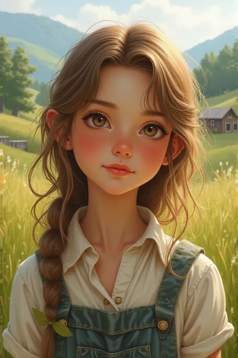 a country girl, with light brown, medium wavy hair  