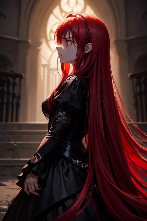 a very angry princess with long red hair, wearing a black dress with red accents, dramatic lighting, highly detailed, cinematic composition, dark fantasy, moody atmosphere, rich colors, chiaroscuro lighting, masterpiece