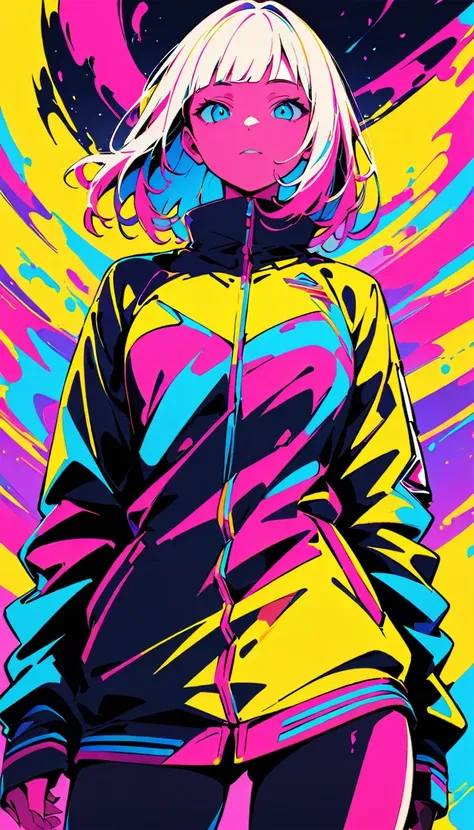 (high quality, 8k, 4k, high contrast, masterpiece:1.2, 最high quality, better aesthetics), (dynamic angle), ((1 female)), ((cyberpunk)), ((flat color)), ((colorful art)),hull,riders jacket, looking at the viewer, Upper part of the body, colored background, ...