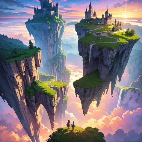 A breathtaking fantasy landscape with floating islands, cascading waterfalls, and a sky filled with vibrant colors at sunset. A medieval castle stands on one of the islands, with vines and greenery covering its ancient walls.