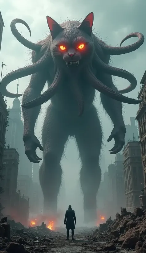    The city is 90% destroyed, with smoke rising from broken buildings and wreckage scattered everywhere. The giant OctopusCat father stands in the ruins, looking furious, its cat eyes glowing bright.
