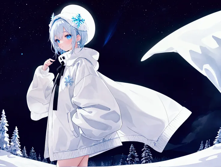 young man, Moa sleeves, Oversized sweater, Wearing a white winter coat, And the snowflake headdress, Mountain landscape, Aurora in the night sky. The character stands playfully next to a snowman., Lively and fun atmosphere, Under the soft light of stars an...