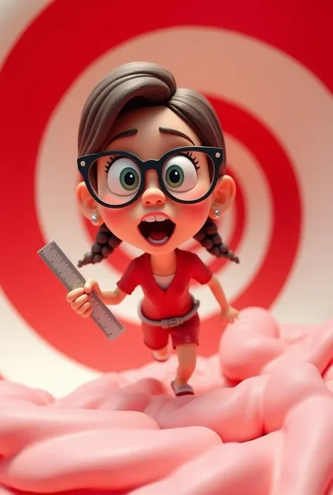 a close up of a vermelho e branco striped background with a spiral, fundo branco vermelho com textura de sorvete, vermelho e branco stripes, motivo de hortelã-pimenta, personagem 3D, cartoon a female teacher, wearing a glasses, holding a ruler, screaming, ...