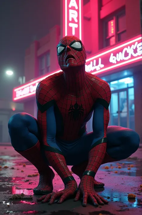 A Spider-Man Neil down by his leg and begging at club 