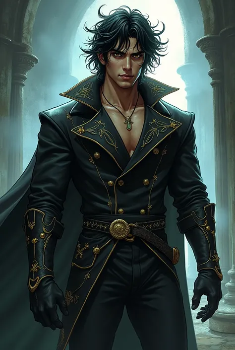 A male comic character name juni, black hair, brown eyes, athletic body, in a witchy outfit, in a dark fantasy art style