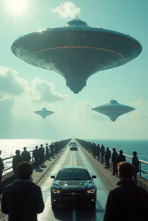 Create an image of aliens arriving on Earth with ultra-modern ships. Create a scenario where people on a bridge over the sea stop their cars to see these ships arriving. 