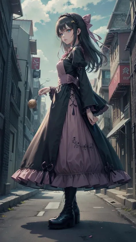 animated style、tell stories、、beautiful girl、とてもBeautiful天使、pink gothic dress、Beautiful、baby face、smile、long skirt、Long black boots、Very Beautiful headband
