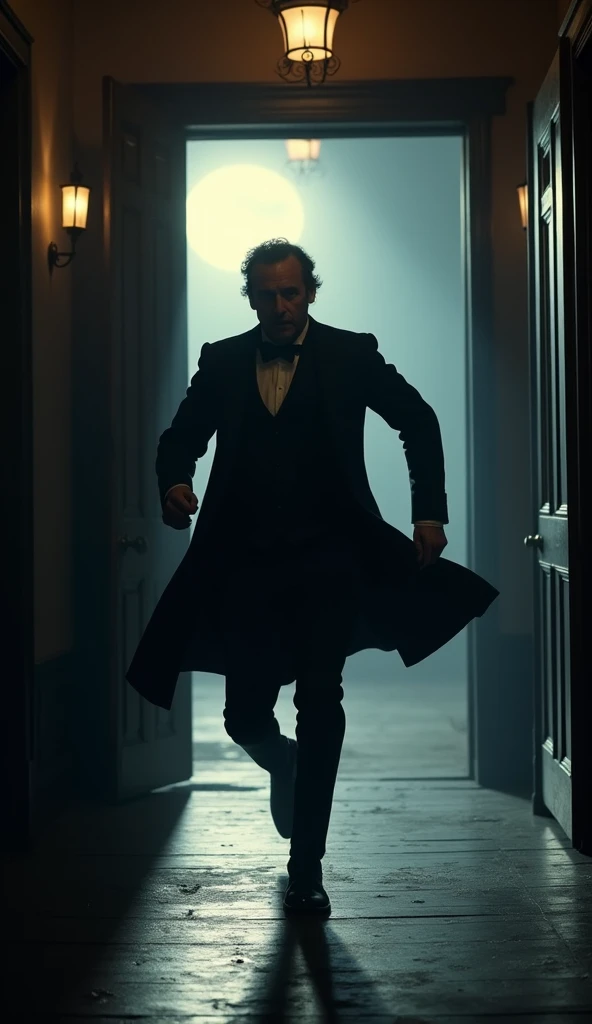 Booths Escape: John Wilkes Booth seen dashing through a dimly lit side corridor of Fords Theater, heading toward an exit. The image captures his hurried movement, with the door slightly ajar, leading into the night.