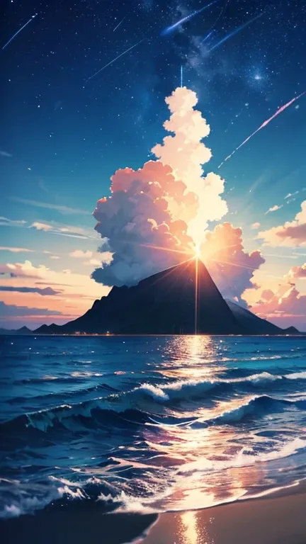 imagine prompt: Viral anime nature wallpaper in 4K quality, in the style of photography with a 35mm lens inspired by Keiichi Hara, capturing a serene beach at twilight with gentle waves, a sky transitioning from orange to deep blue, and a silhouette of dis...