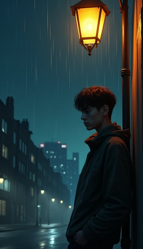 Create a realistic inage where  : "In the deep darkness of the night, a young man stands leaning against a lone street lamp. The soft, warm light from the lamp casts a gentle glow around him, illuminating the mist that hangs in the cool night air. His face...