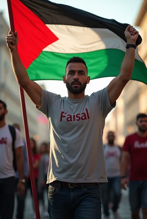 A man holding a flag of free Palestine in his hands
Wearing t shirt named Faisal 