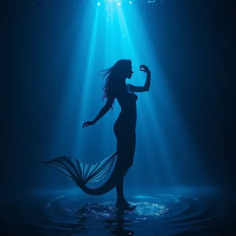 (Siren, mermaid), deep sea, dancing in the dark, the silhouette illuminated by blue light, In front there are some lights and lasers, The style of this piece is reminiscent of Totally Dark Background. Beautiful cinematic lighting, surreal, color graded, dy...