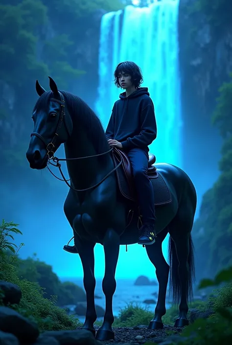 A 13 years boy sitting on black shine horse in on greenery land background of waterfall and wearing black hoodie tshirt and dark blue pant in night with blue neon light with long hair
