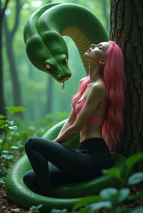 Sexy and beautiful woman, sexy butt, black leggings, pink tank top, long pink hair, At the forest, the woman saw a green snake, the green snake shoots green spirals from its eyes to the woman, the womans eyes turned glowing green spirals when she saw the g...