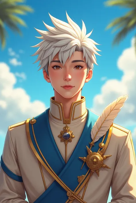 Young man, spiky white hair, intricate beige and blue uniform with a gold emblem, feather accessory, outdoor setting with clear sky and clouds, bright natural lighting, colorful and lively atmosphere., Front view, balanced exposition. Lively and accomplish...