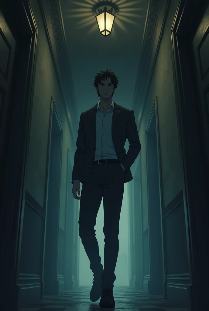 A man walking in a hallway (vibe anime)