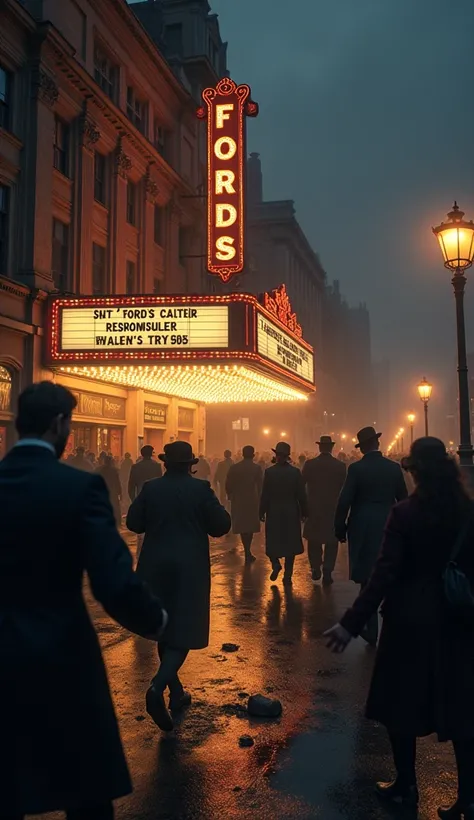 The Street Outside the Theater: The exterior of Fords Theater at night, with people rushing out into the street, shouting for help. The scene captures the confusion and fear spreading outside, with Booth already disappearing into the night.