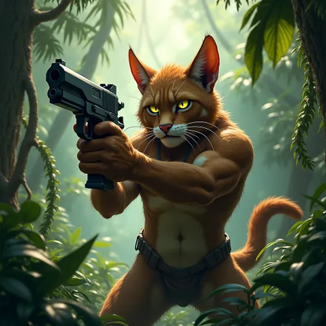 Cat in the jungle with gun 