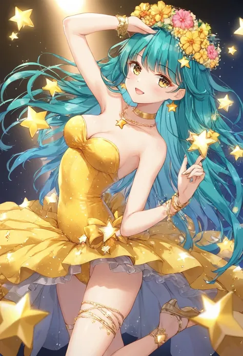 Girl with long dark turquoise hair, yellow eyes, yellow star pin in her head wearing a flower dress dancing 