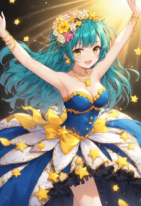 Girl with long dark turquoise hair, yellow eyes, yellow star pin in her head wearing a flower dress dancing 