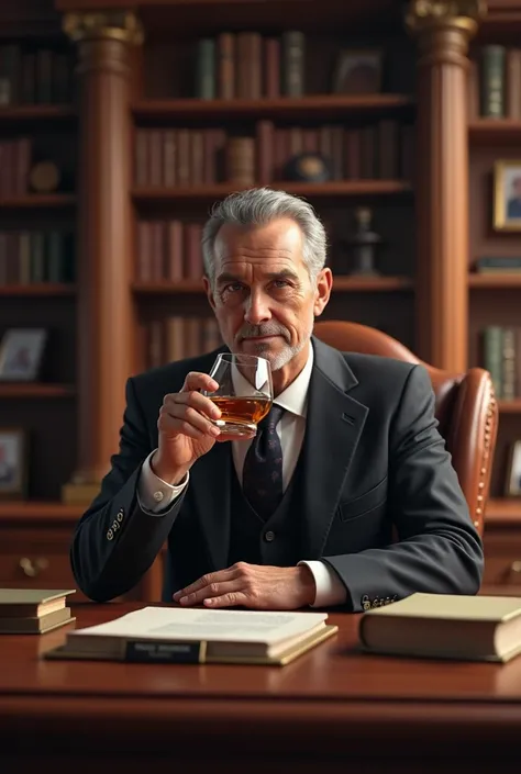 Create an image of a councilman drinking whiskey in his office 