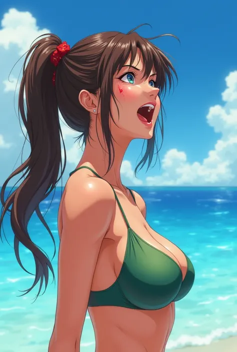 masterpiece, Highest quality, High resolution, (Makoto Kino),1990s (style),height: 175cm, Brown long hair,ponytail、 sexyな長い脚,,Green swimsuit, Green Bikini,blue sky,Ocean,(E-cup beautiful breasts)、Sweating all over the body、vapor、Muscular、sexy,Crying face、C...