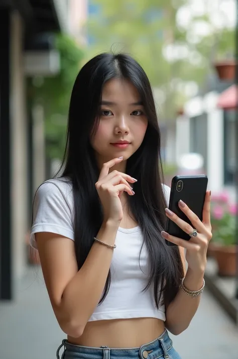  girl with straight black hair taking a photo for instagram 