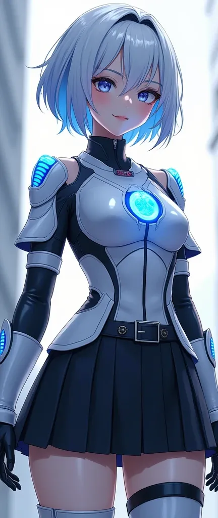 1girl,original,solo,white short hair,gradient hair,blue hair,blue glow headgear,(small breast:0.8),covered breast,navy eyes,slant eyes,(Pleated black skirt),white battle suit,open neck,blue Emitting a gem on chest,bare shoulder,black elbow gloves,white gau...