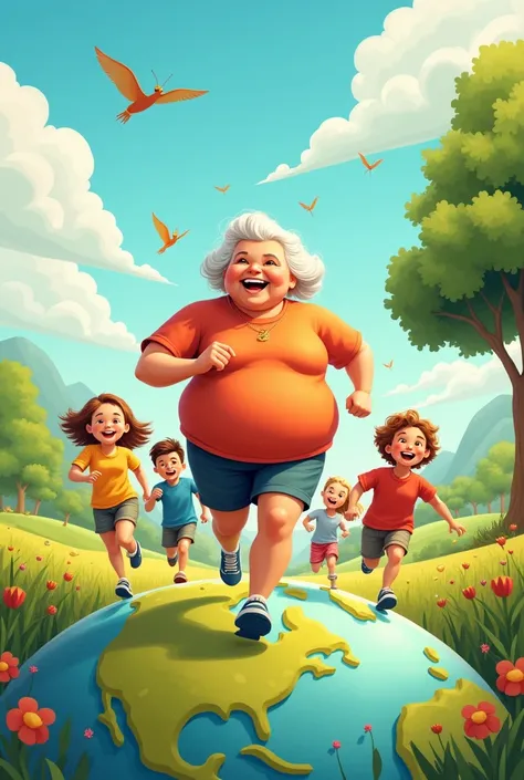 A funny and cute image of an older overweight woman running on Earth with her grandchildren following her.