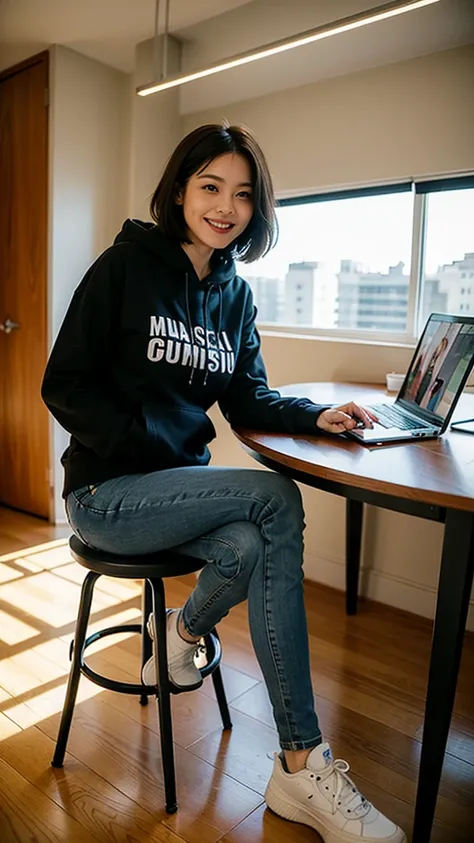 ((Top Quality, 8k, Masterpiece: 1.3)), 1 girl, business woman, Huge Breasts, smart, (Dark skinny jeans, a graphic tee with a quirky tech slogan, and a zip-up hoodie, paired with sneakers), smiling, Posing like a model, (Women in Japan:1.05), short bob hair...