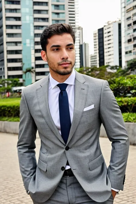 a man in suit, not so good looking, with Brazilian features from the northeast. Image background in Sao Paulo Brazil 