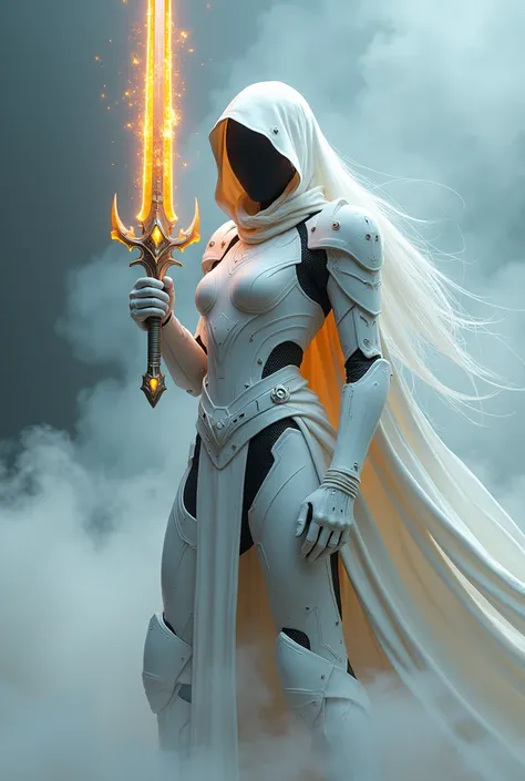 Create a cyber knight with a hooded face holding a flaming sword. Repeat this knight with a white outfit and smoke in the background this knight wears white and has long white hair 