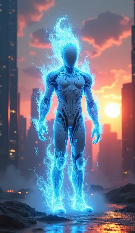 Blue fire man in white glossy cyborg costume standing between sky scraper at sunset