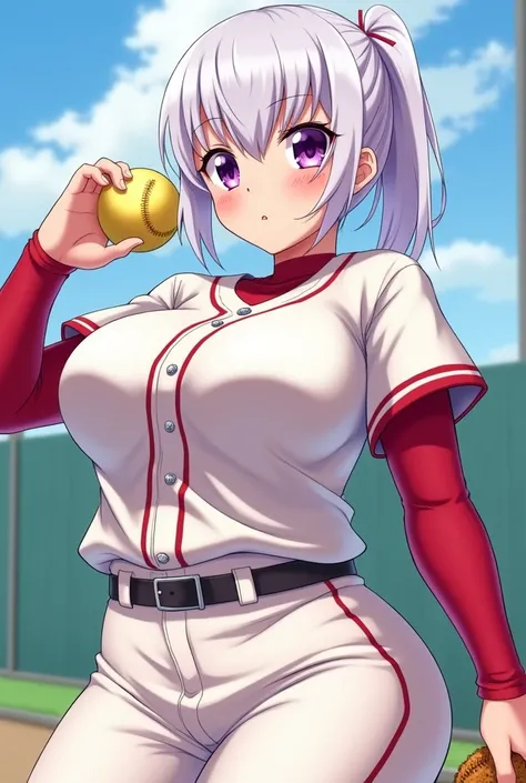 HD、Animation style、white hair 、Purple Eyes、girl、High school student 、single ponytail、Baseball player、light colored clothes、Long sleeve red underwear、plump big breasts