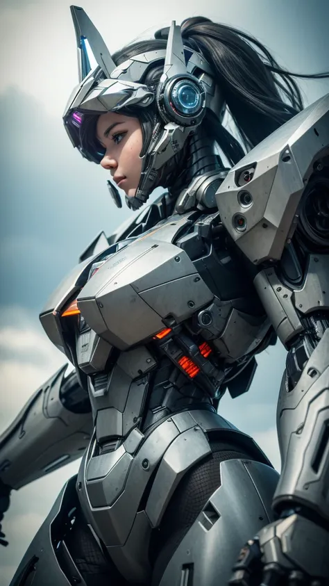 Textured skin, Super Detail, high details, High quality, Best Quality, hight resolution, 1080p, hard disk, Beautiful,(War Machine),(head gear),beautiful cyborg woman,Mecha Cyborg Girl,Battle Mode,Girl with a Mecha Body,She wears a futuristic war machine we...