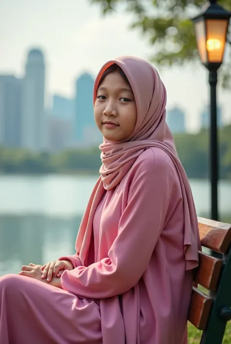 Photograpy studio, a beautiful girl 15 year, wearing a long and closed hijab, wearing pink a contemporary tunic dress, sitting on a park chair, next to a lamp is on, with soft light, in the afternoon, the background of the lake and the city is blurry. ultr...