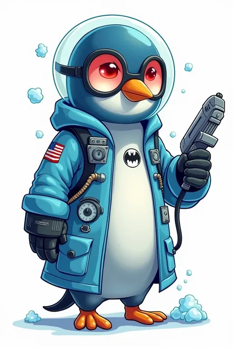 I want an image of a cool penguin in Mr Freeze&#39;s costume from the Batman movie that is a 2D animated drawing., Remember to add the characteristic glasses that are round and red glass which cover his eyes, The suit must have a helmet made of glass which...