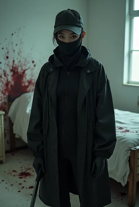 korean girl, (behind stiff, leather balaclava mask), holding knife, stabbing, black gloves, white room, black raincoat, looking at viewer, black wet suit, trucker hat, holding knife, black gloves, woman on top, behind cadaver, blood splatter, bed room, loo...