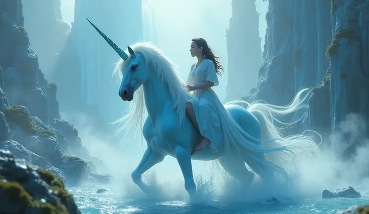 a scene of a person riding a blue unicorn in a magical dream world, cinematic, hyper-realistic, 8k, detailed face