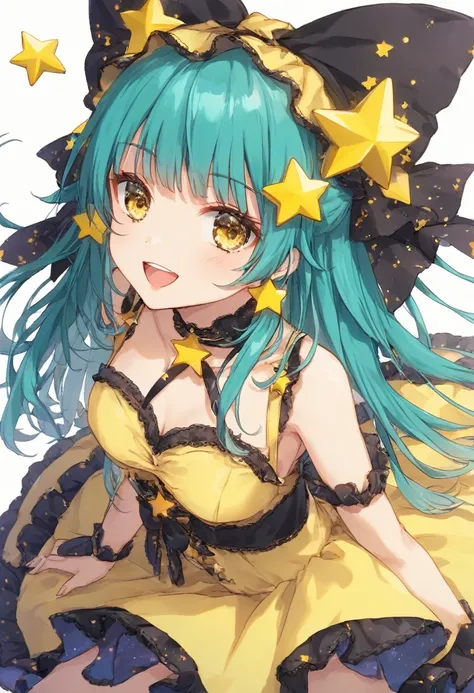 Girl with long dark turquoise hair, yellow eyes, yellow star pin in her head, wearing white and flowered dress 