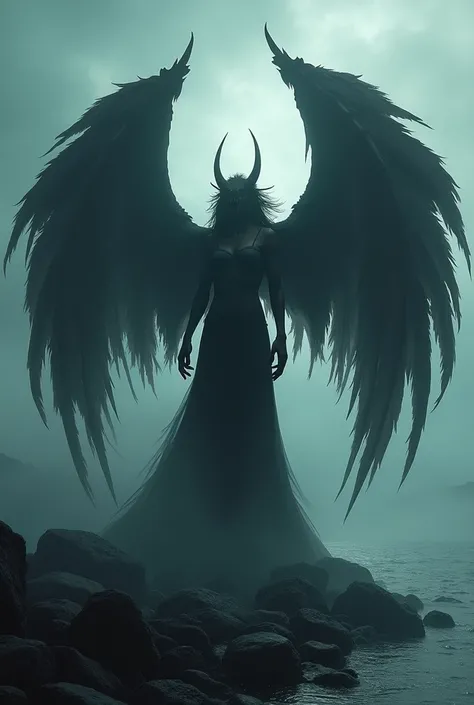 a terrifying female monster, feathered wings, rocky island, dark fantasy, gothic, dramatic lighting, moody atmosphere, cinematic, highly detailed, photorealistic, 8k, ultra-detailed, sharp focus, hyperrealistic, dramatic shadows, dramatic highlights, dynam...