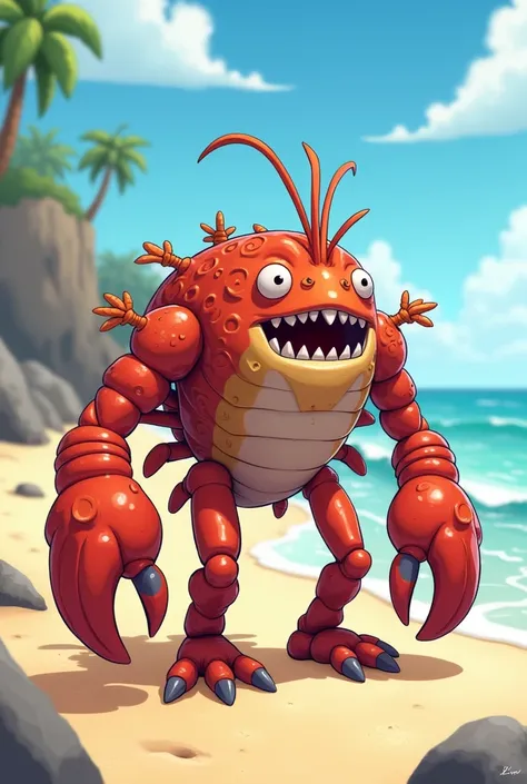 A standing lobster，Anime Character，Game monster character，A shrimp soldier，A standing lobster monster，cartoon character，Cartoon simple shape,Beach landings