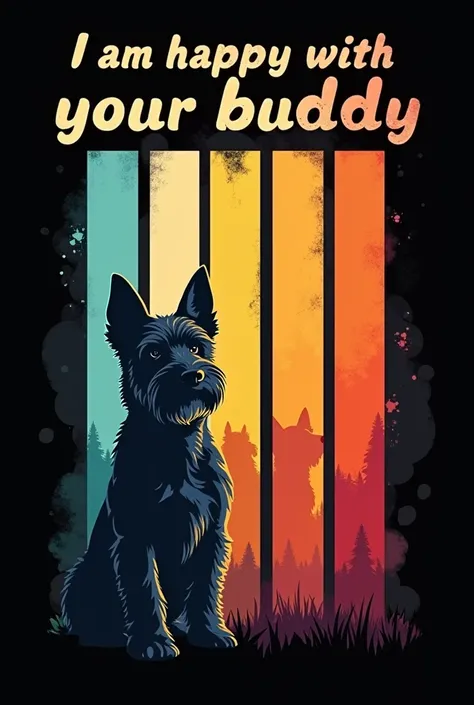 A vibrant and eye-catching t-shirt design with a black background, featuring a vertical layout of five rectangular panels. Eachpaneltransitionsseamlessly from teal to beige, yellow, orange, and red, Glen of Imaal Terrier dog creating a captivating gradient...