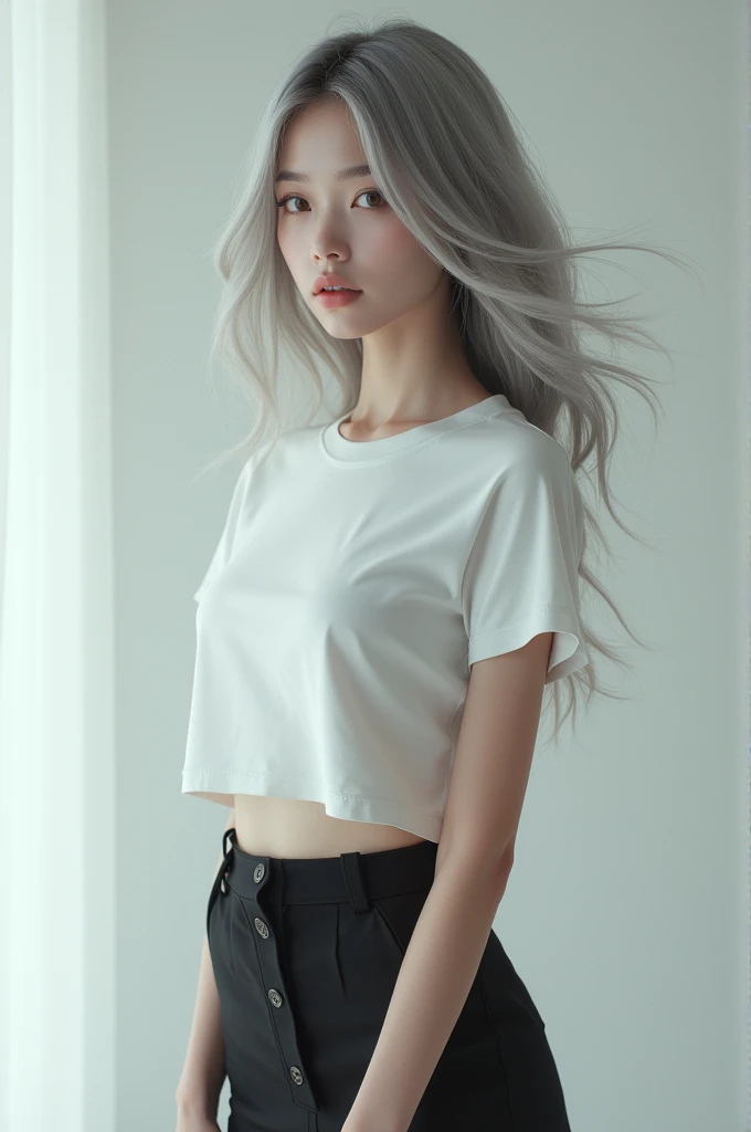 girl with long gray hair wearing a fitted white tshirt and black mini skirt