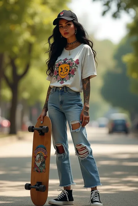 20 year old tattooed skater girl, with black hair, big breasts, perfect face, wearing loose hair with a cap, wearing a white printed shirt, ripped jeans, skater sneakers, holding a skateboard in a park on a sunny day. full view of the body.