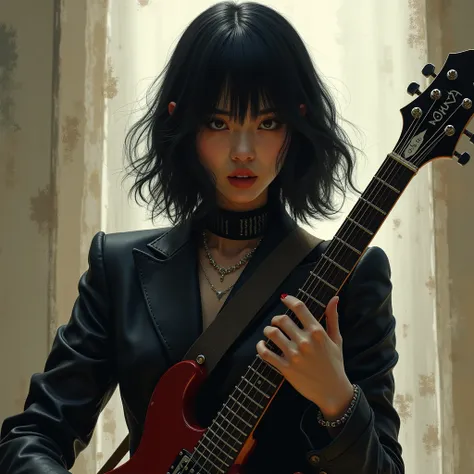 1 , Bblack hair, bangs between eyes, guitar, all stat, rock