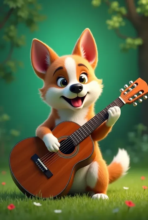 Dog playing a guitar With the green background 