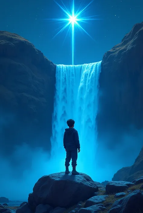 A 13 years indian boy standing on half part of star falling from space in on the top of the mountain background of waterfall and wearing black hoodie full sleeve tshirt and dark blue pant in night with blue neon light
