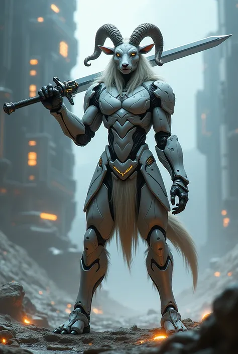 Human with goat legs in futuristic armor holding a sword